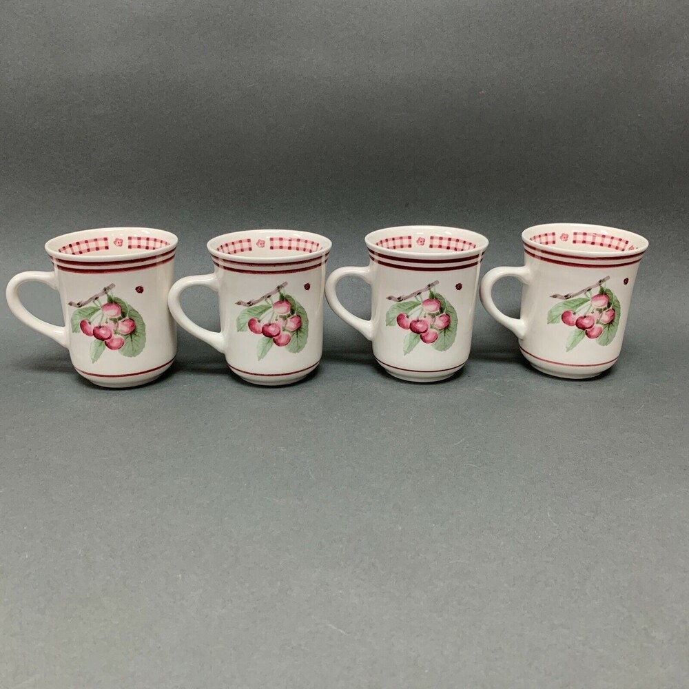 Pfaltzgraff Delicious Cherry Dessert Coffee Cups Mugs Red White Lot of 4